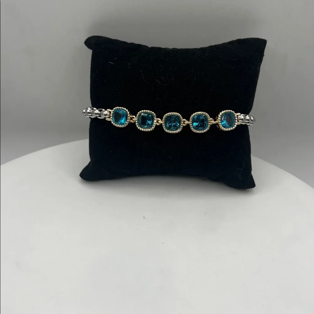 1394. 18k White Gold Plated and 18k Gold Plated Marine Blue Bracelet 7 1/4” - 8”